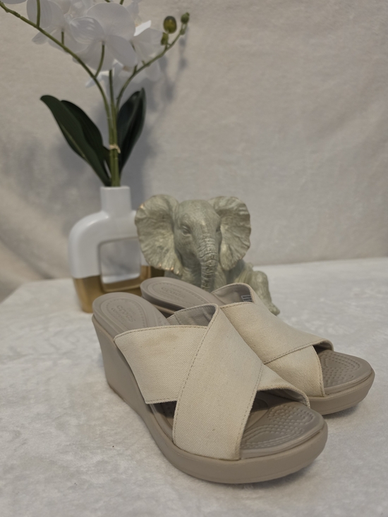 CROCS Shoes - Women’s Beige Crocs Wedge Slide Sandals - Comfortable Cross-Strap Design